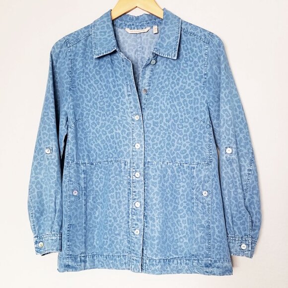 Soft Surroundings Leopard Thelma Chambray Long‎ Sleeve Button Down Shirt XSP - Picture 2 of 14
